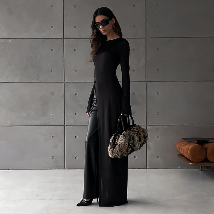 Asymmetric Slit Long Sleeve Maxi Dress