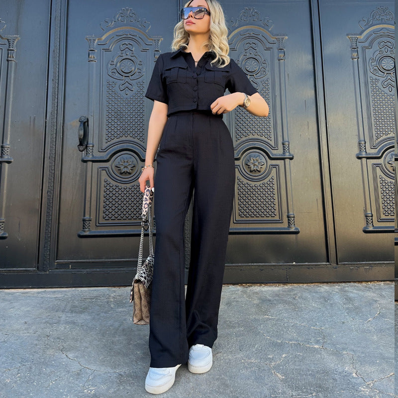 Women's Short Summer Cropped Short Sleeve Top Trousers Two Piece Set