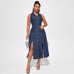 Sleeveless Collared Denim Split Maxi Dress