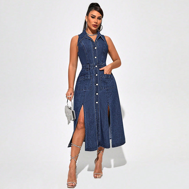 Sleeveless Collared Denim Split Maxi Dress
