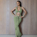 Crew-Neck Twisted Cutout Ruched Bodycon Maxi Dress