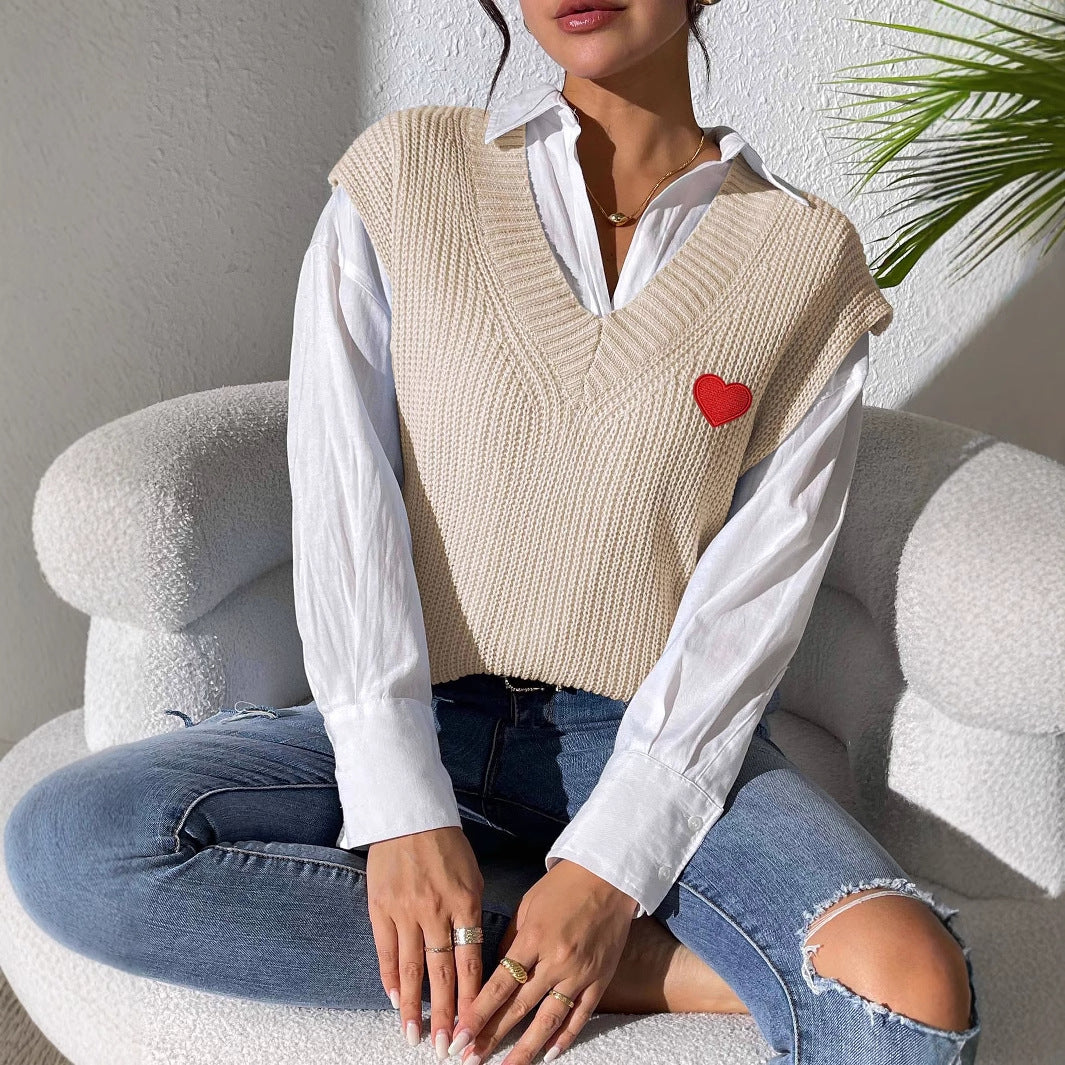 Women Vest Clothing Spring Autumn V neck Simple Vest Embroidery Love Stickers Sweater Waistcoat