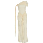 Light yellow one-shoulder maxi dress on hanger, ruched center knot detail