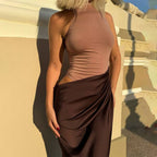 Women's Dress round Neck Sleeveless Slim Fitting Patchwork Maxi Dress Hollowed out Dress