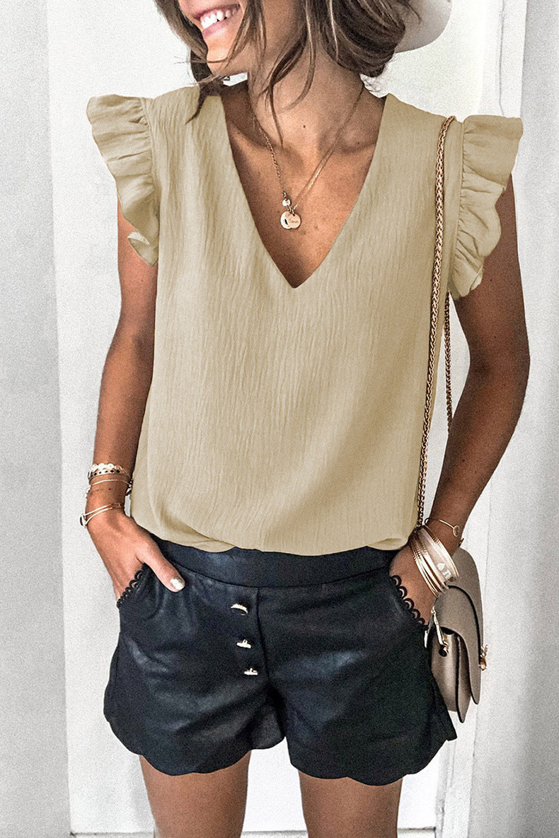 Women Clothing Summer Casual T-shirt Solid Color V-neck Pullover Ruffle Sleeve Top for Women