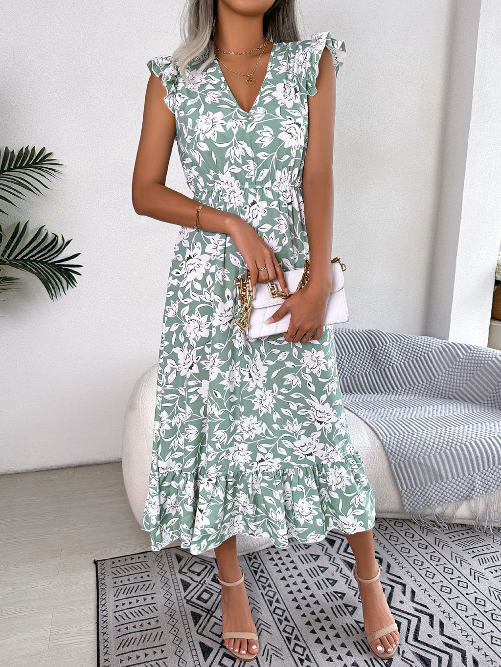 Women's Spring Summer Casual Wooden Ear Floral Waist Slimming Maxi Dress Holiday Dress Women Clothing