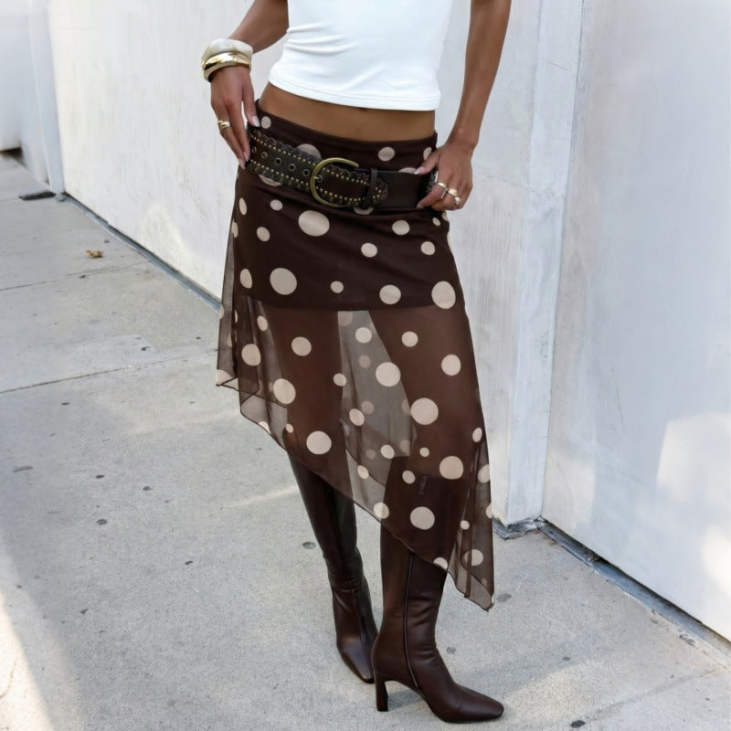 Women's Polka-Dot Mesh Asymmetric Skirt