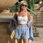 Women's Spring Summer Loose Lapels Top and Shorts Two-Piece Set