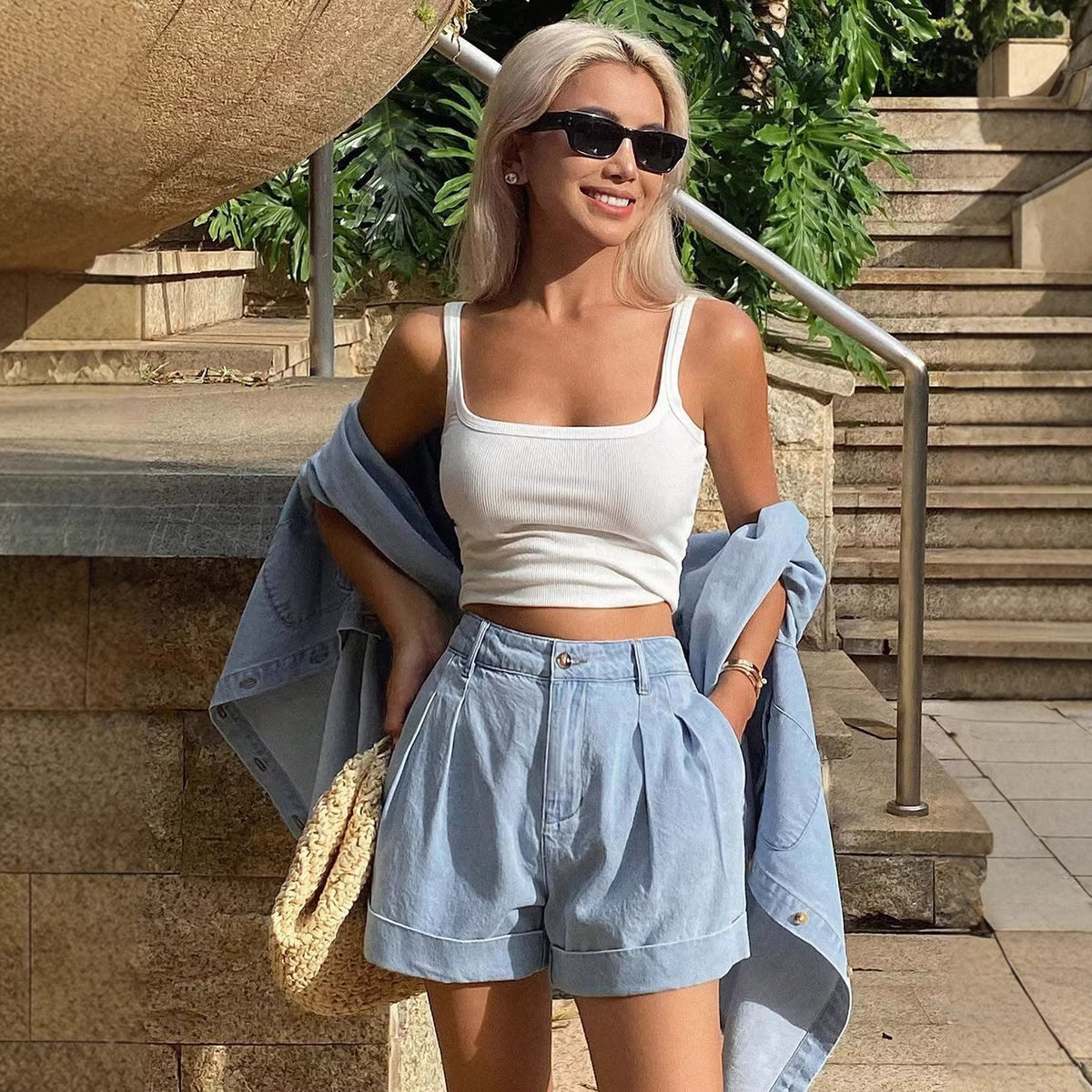 Women's Spring Summer Loose Lapels Top and Shorts Two-Piece Set