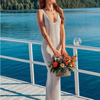 White sleeveless knit maxi dress with V-neck and open back