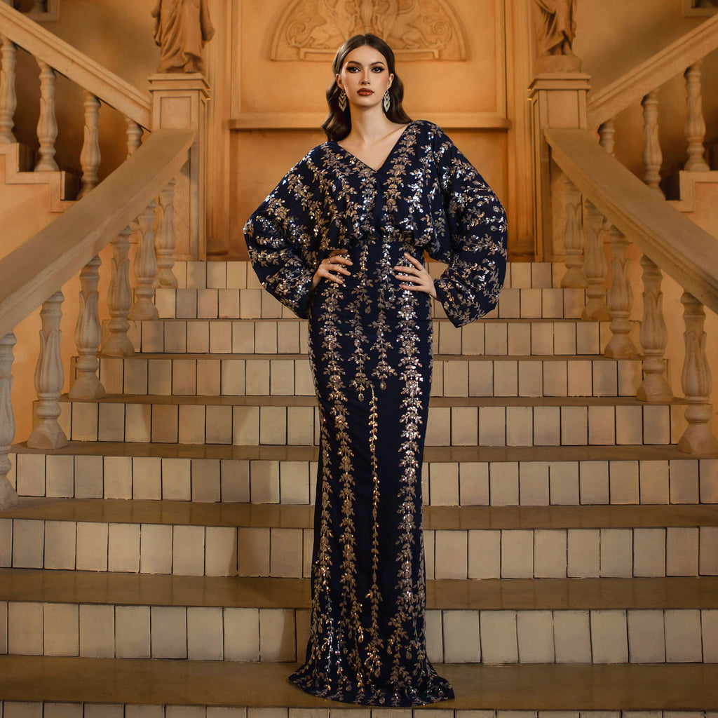 Women's Blue Sequin V-Neck Fishtail Evening Dress