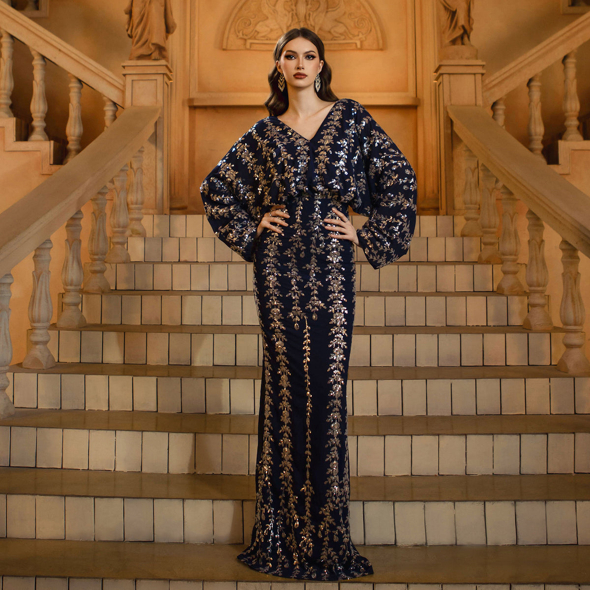 Women's Blue Sequin V-Neck Fishtail Evening Dress