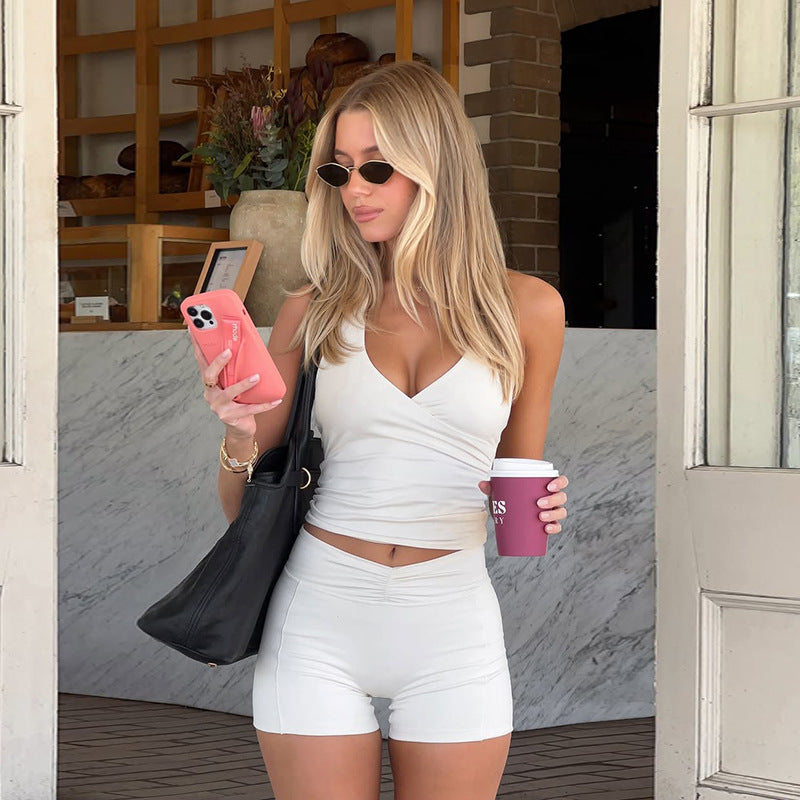 Casual Solid Color Halter Beauty Back Yoga Clothes Workout Shorts Two-Piece Set