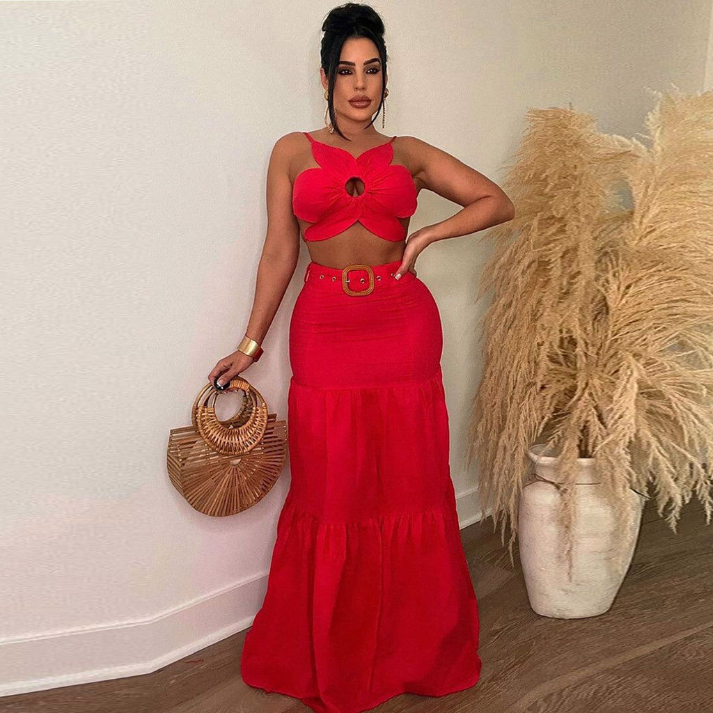 Women's Solid Color Special-Shaped Strap Coordinated Two-Piece Set