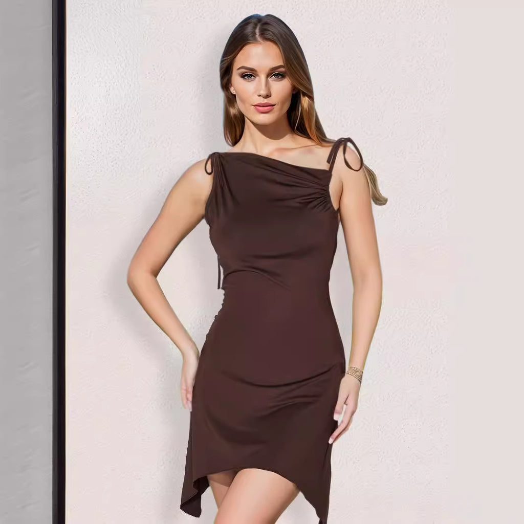 Backless Irregular Asymmetric Pleated Straps Diagonal Collar Dress