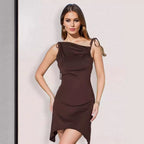 Backless Irregular Asymmetric Pleated Straps Diagonal Collar Dress