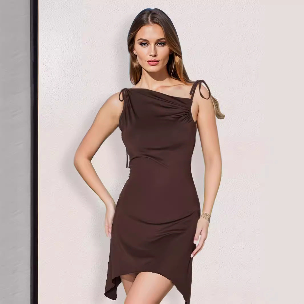 Backless Irregular Asymmetric Pleated Straps Diagonal Collar Dress