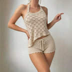 Summer Hollow Out CO Asym Knitted Overall Skirt Set SL Top