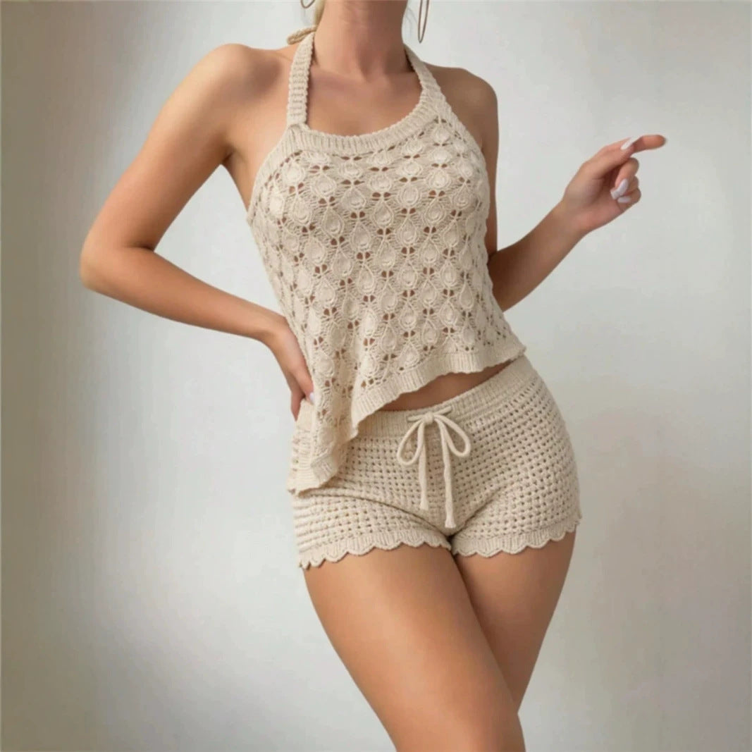 Summer Hollow Out CO Asym Knitted Overall Skirt Set SL Top