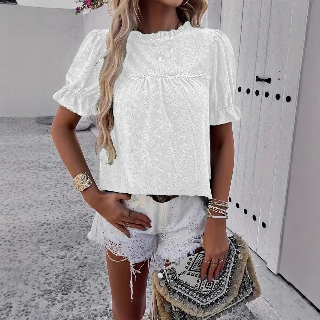 Women's Printed Ruffle Sleeve Fluted Collar Top