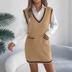 Autumn Winter Casual Women Sweater SL V neck Pocket Knitted