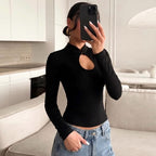 Women's Black Cutout Button-Detail Long-Sleeve Top