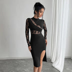 Autumn Women Solid Color Contrast Color Lace Slit Sexy Tight Dress