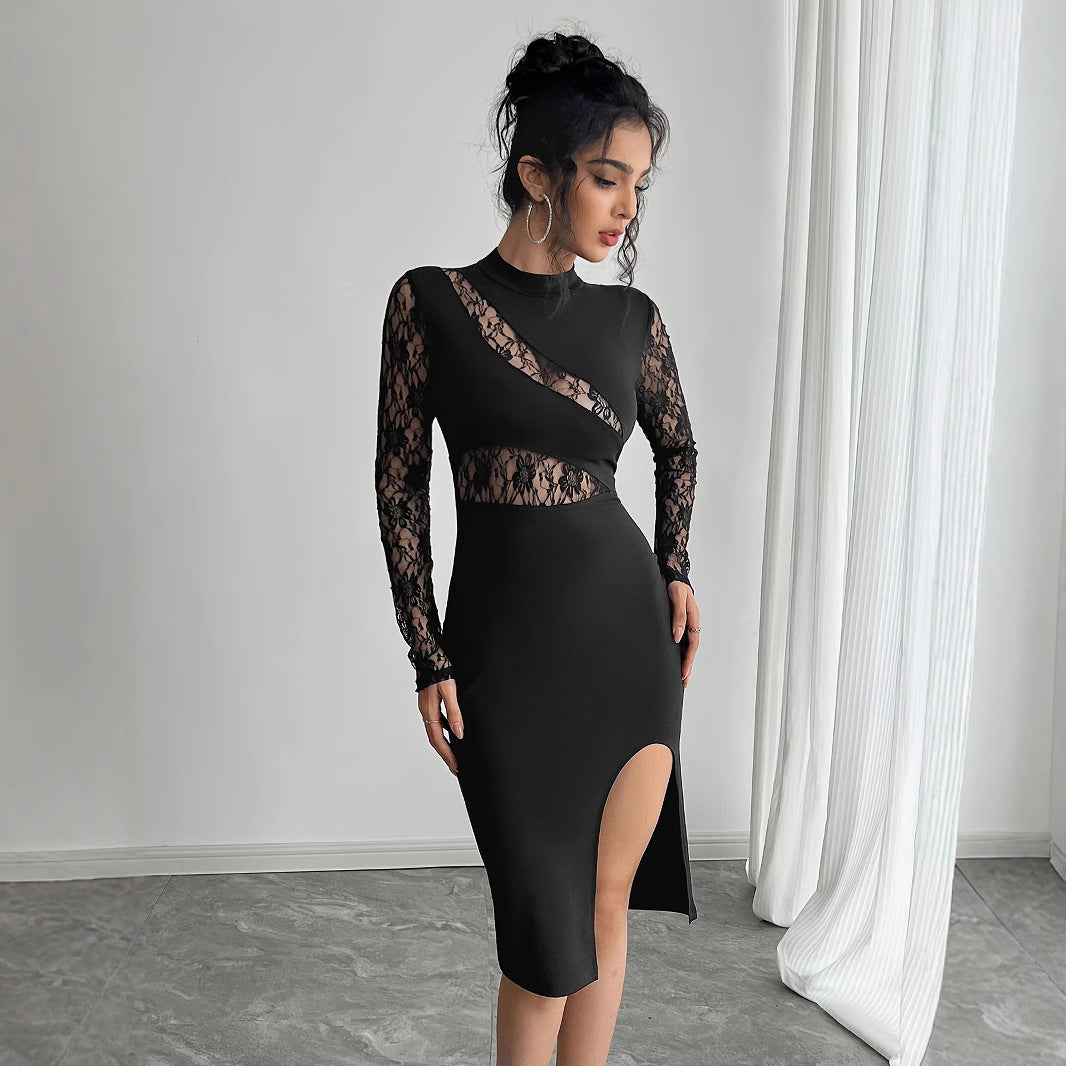 Autumn Women Solid Color Contrast Color Lace Slit Sexy Tight Dress