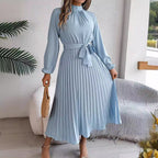 Autumn Winter Elegant Stand Collar Long Sleeve Cinched Pleated Maxi Dress Small