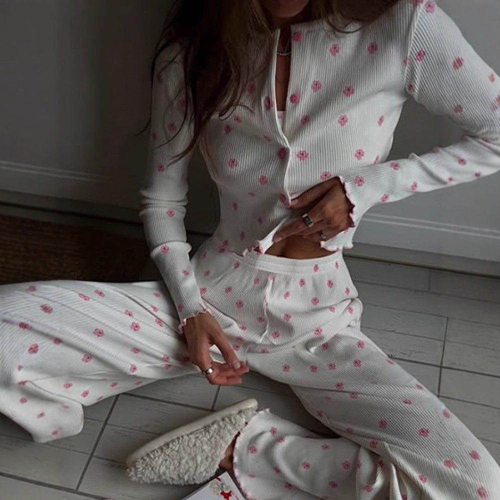 Sexy Girl Floral Fungus Long Sleeve Trousers Spring Autumn Casual