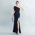 One Shoulder Lace Beaded Slit Evening Maxi Dress