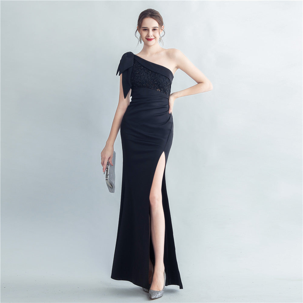 One Shoulder Lace Beaded Slit Evening Maxi Dress