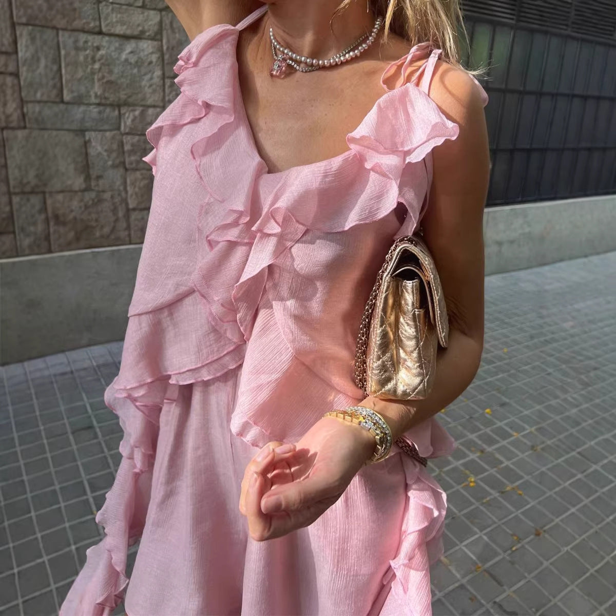 Women's Ruffled Trailing Irregular Asymmetric Spaghetti Strap Top