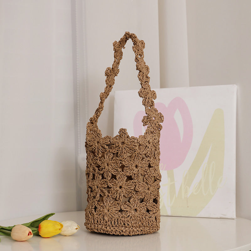 Women's Crochet Floral Straw Bucket Bag