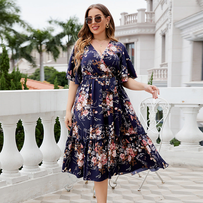 Plus Size V-Neck Dark Blue Printed Dress