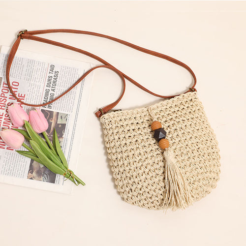 Women's Supply Crossbody Straw Bag Wooden Bead Tassel Straw Bag Woven Bag Vacation Beach Bag Shoulder Bag