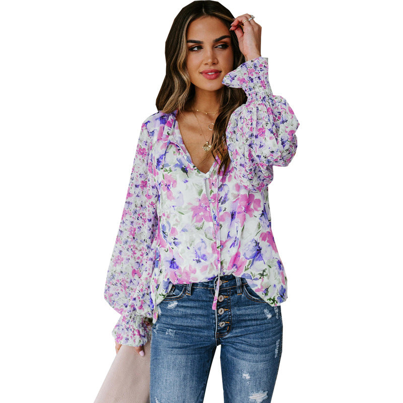 Women's Chiffon Shirt Cardigan Spring Summer Loose Floral Pattern Lantern Sleeve Top For Women