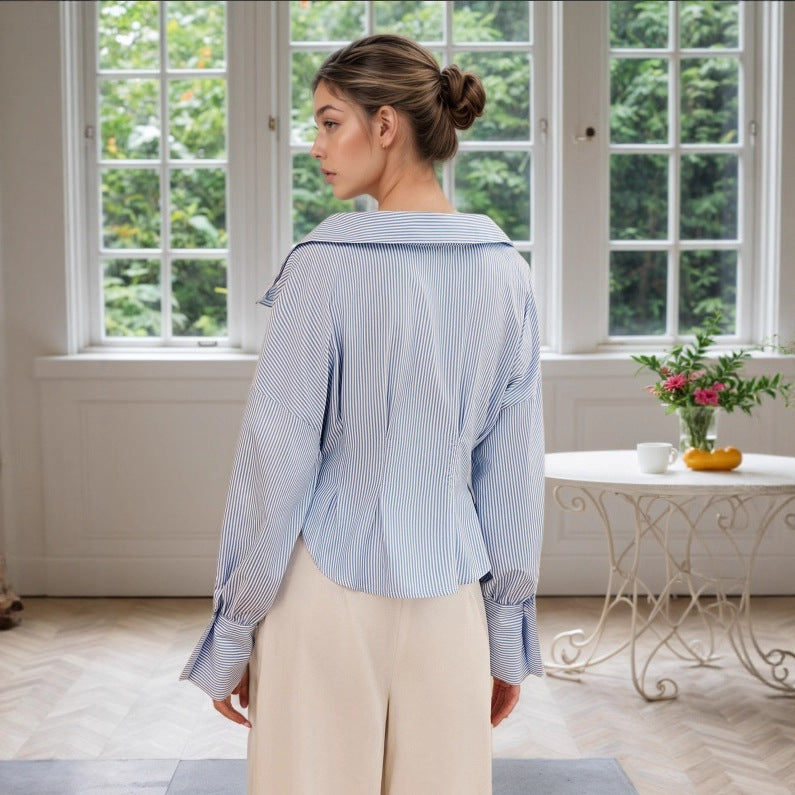 Women's Elegant Shirt Elegant Collared Puff Sleeve Pleated Waist Tight All Match Striped Long Sleeved Top
