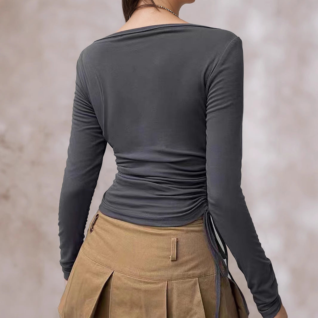 Women's Sexy Square Collar Long Sleeve T Shirt For Women Spring Autumn Slim Fit Drawstring Slimming Shoulder Top