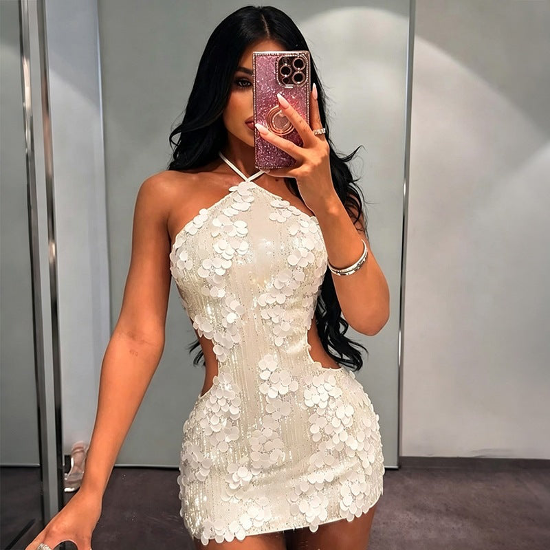Women's Backless Halter Lace-Up Sheath Dress