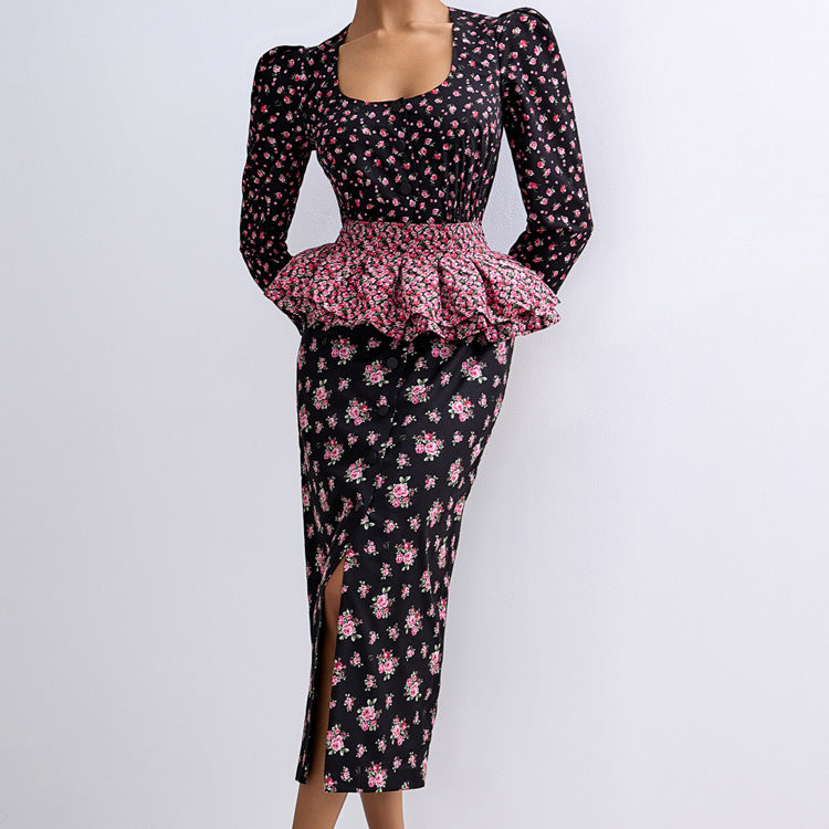Women's Square-Neck Floral Ruffle Dress