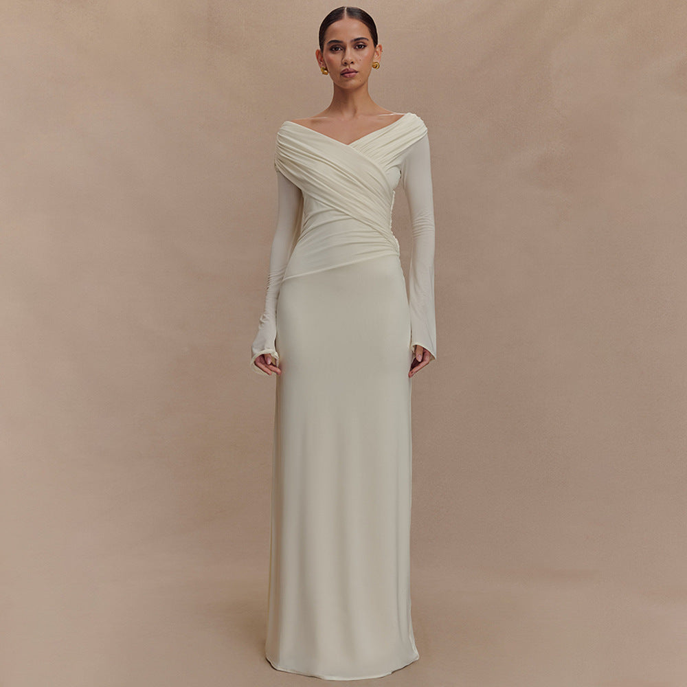 Women's V neck Pleated Hip Dress