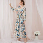 Sweet V-Neck Long-Sleeve Floral-Print High-Waist Lace-Up Maxi Dress