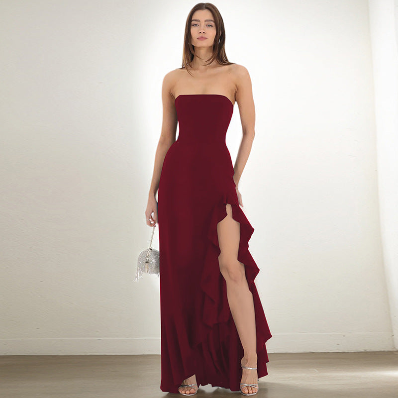 Women's Strapless Asymmetric Ruffle Split Maxi Dress