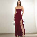 Women's Strapless Asymmetric Ruffle Split Maxi Dress