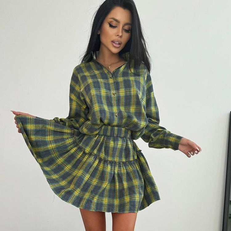 Shirt High Waist Pleated Skirt Two Piece