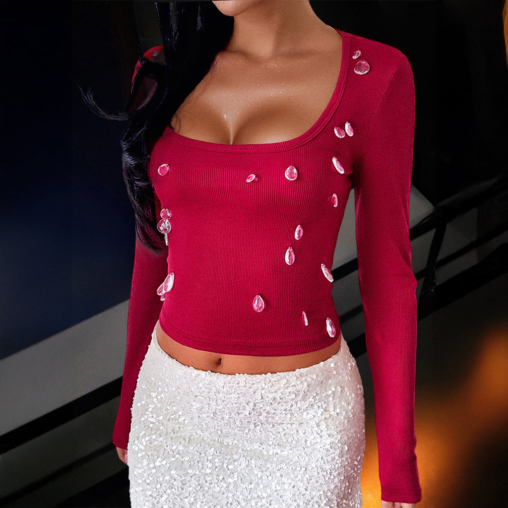 Women's Rhinestone Ribbed Long Sleeve Top