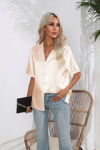 Women’s White Satin Short Sleeve Collared Shirt
