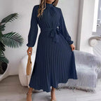 Autumn Winter Elegant Stand Collar Long Sleeve Cinched Pleated Maxi Dress Small