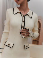 Collared Button-Pocket Long-Sleeve Knit Bodycon Mini Dress